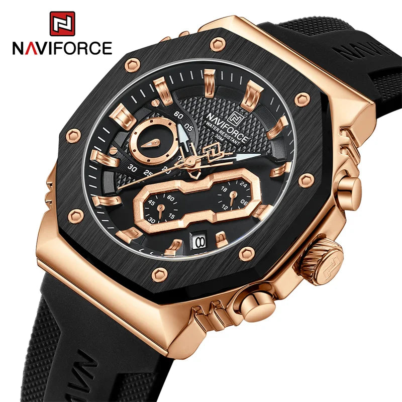 NAVIFORCE 2024 New Men's Watch Sports Silicone Strap Chronograph Military Quartz Wristwatches 3atm Waterproof High Quality Clock