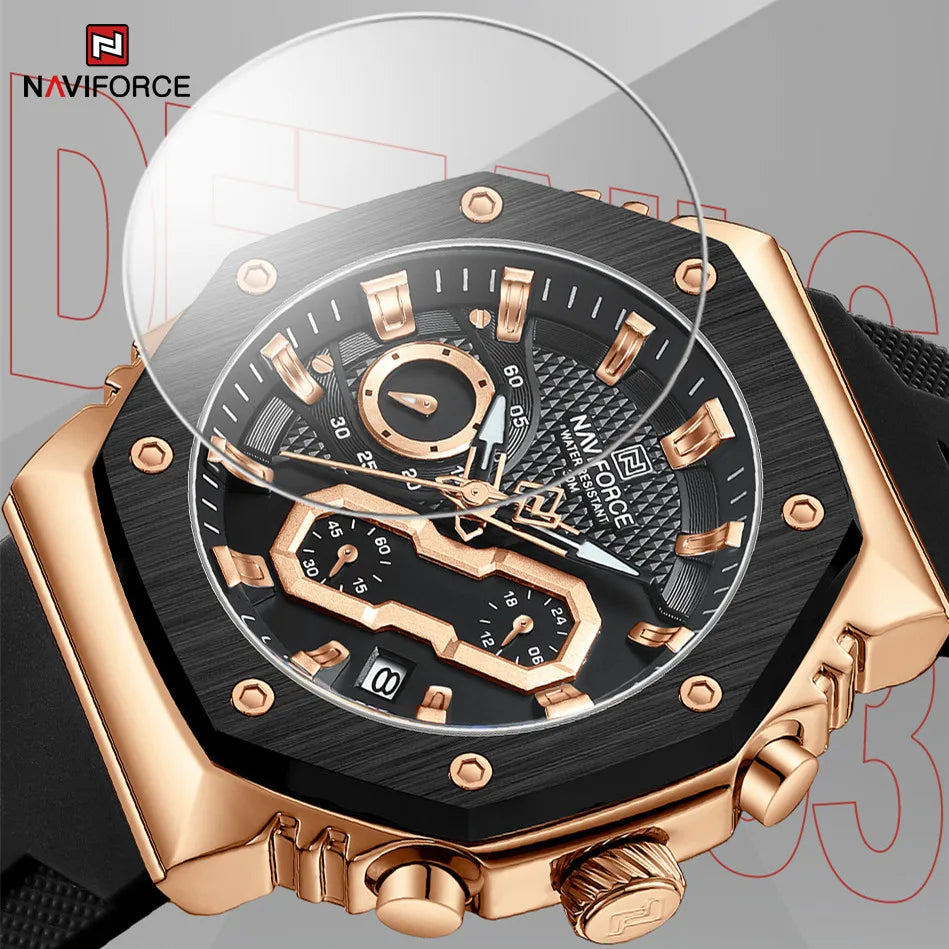 NAVIFORCE 2024 New Men's Watch Sports Silicone Strap Chronograph Military Quartz Wristwatches 3atm Waterproof High Quality Clock